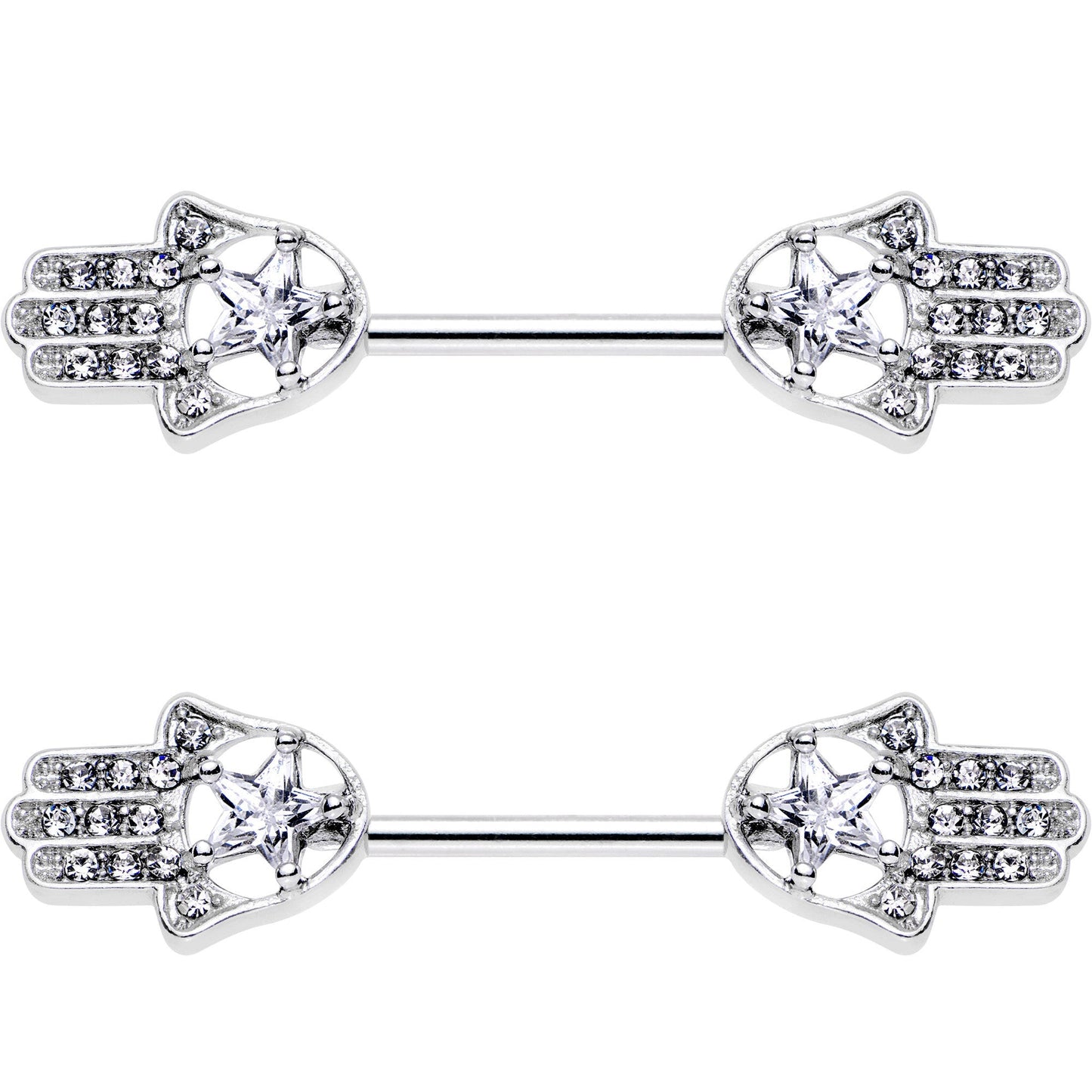 14G 9/16 Clear Gem Star Hamsa Hand Barbell Nipple Ring Set
